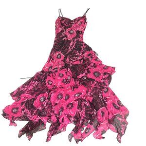 Lexus Women's Pink Black Silk Double Straps Floral Beaded Long Dress Size UK 10